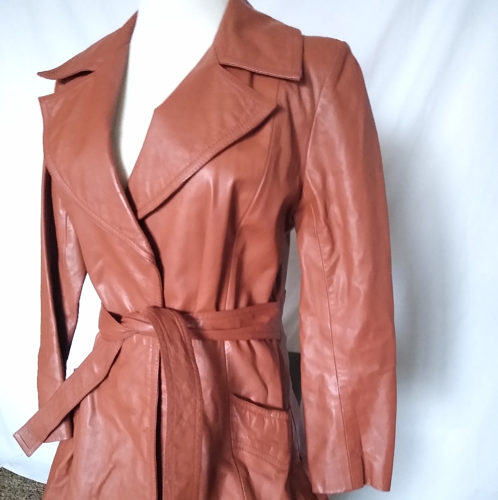 Vintage Leather Trench Coat Open Tie Close Burnt Orange by P.B.D. International - Picture 5 of 14
